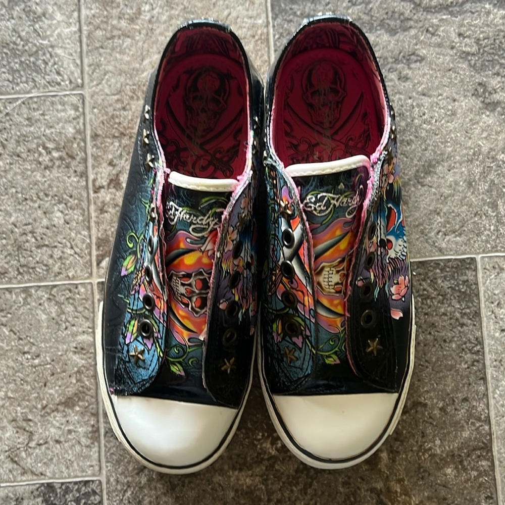 Ed Hardy Slip On Laceless Sneaker Shoes Skull VTG Low Top Y2K Size 5 Multi-Color